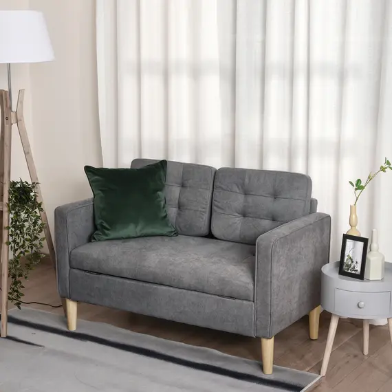 Buy Modern 2 Seater Sofa with Hidden Storage, 117cm Tufted Cotton Couch with Wood Legs, Compact Loveseat for Living Room, Kitchen, Grey, 2 image