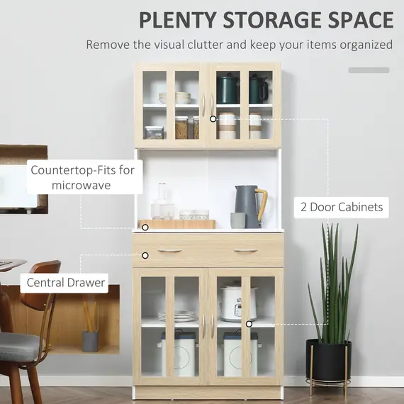 Buy Modern Kitchen Cupboard, Freestanding Storage Cabinet Hutch with Central Drawer, 2 Glass Door Cabinets and Countertop, 180cm, 4 image