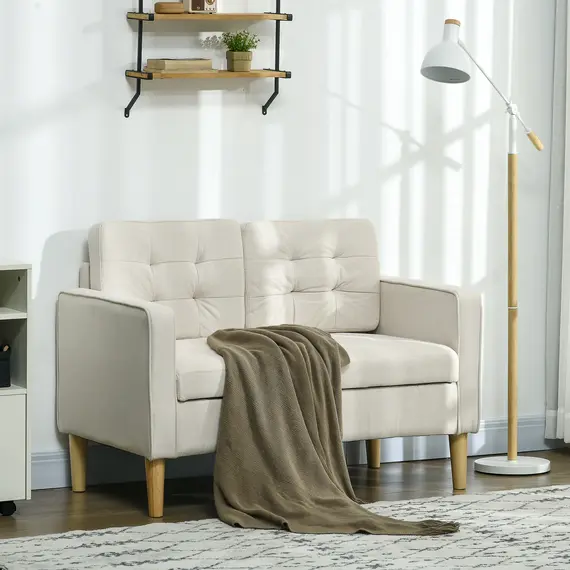 Buy Modern Loveseat Sofa, Compact 2 Seater Sofa with Hidden Storage, 117cm Tufted Cotton Couch with Wood Legs, Cream White, 2 image