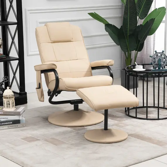 Buy Manual Sofa Reclining Armchair PU Leather Massage Recliner Chair and Ottoman, Cream, 2 image