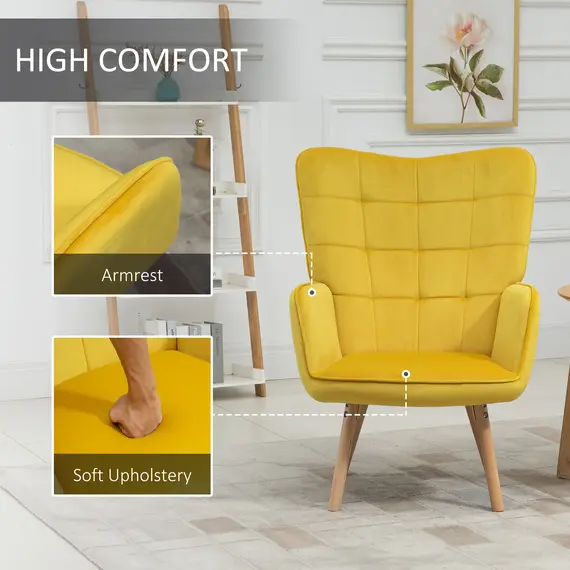 Buy Modern Accent Chair Velvet-Touch Tufted Wingback Armchair Upholstered Leisure Lounge Sofa Club Chair with Wood Legs, Set of 2, Yellow, 4 image