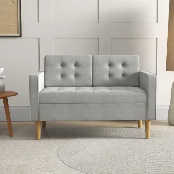 Buy Modern 2 Seater Sofa with Hidden Storage, 117cm Tufted Cotton Couch with Wood Legs, Compact Loveseat for Living Room, Kitchen, Light Grey, 2 image