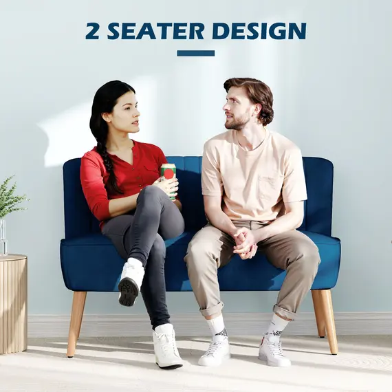 Buy Modern Velvet Double Seat Sofa w/ Wood Frame Foam Padding High Back Soft Comfortable Compact Couch Blue, 6 image