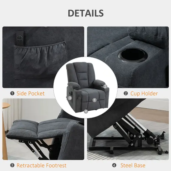 Buy Oversized Riser and Recliner Chairs for the Elderly, Fabric Upholstered Lift Chair for Living Room with Remote Control, Side Pockets, Cup Holder, Charcoal Grey, 6 image