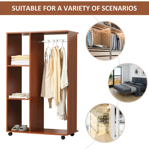Buy Open Wardrobe on Wheels, Bedroom Wardrobe with Clothes Hanging Rail, 3 Storage Shelves, Mobile Garment Rack for Cloakroom, Hallway, Walnut, 7 image