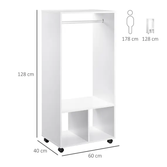 Buy Open Wardrobe on Wheels, Bedroom Wardrobe with Clothes Hanging Rail, 2 Storage Shelves, Mobile Garment Rack for Cloakroom, Hallway, White, 3 image