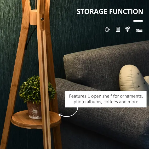 Buy Natural Wood Tripod Floor Lamp Light E27 Base Bedroom Living Room Fabric Shade Storage Shelf Foot Switch, 156cm, Grey, 4 image