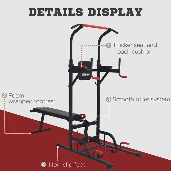 Buy Multifunction Power Tower Home Workout Dip Station w/ Sit-up Bench Push-up Bars and Tension Ropes Fitness Equipment Office Gym Training, 7 image