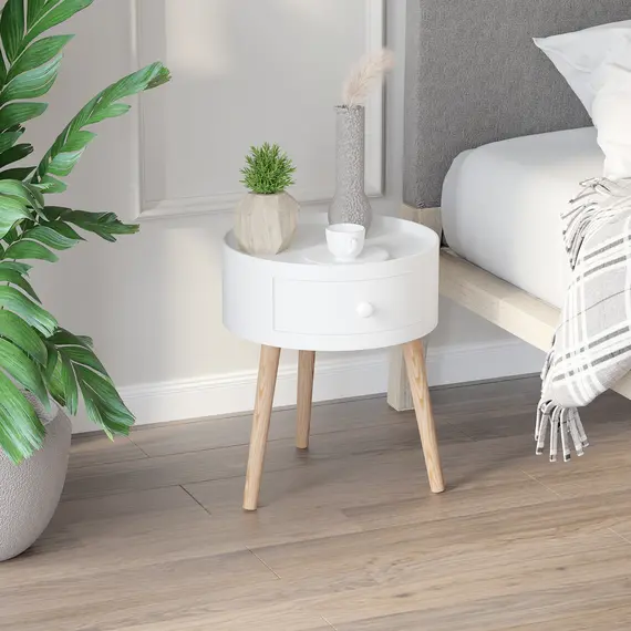 Buy Modern Side Table, Small Coffee Table, Round Bedside Table with Drawer and Wood Legs for Living Room, Bedroom, White, 2 image