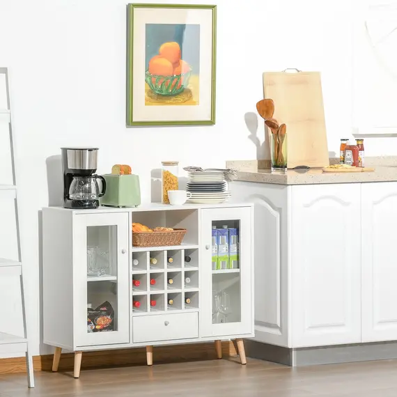 Buy Modern Sideboard Storage Cabinet Kitchen Cupboard Dining Bar Server with Glass Doors, Drawer & 12-Bottle Wine Rack for Living Room, White, 7 image