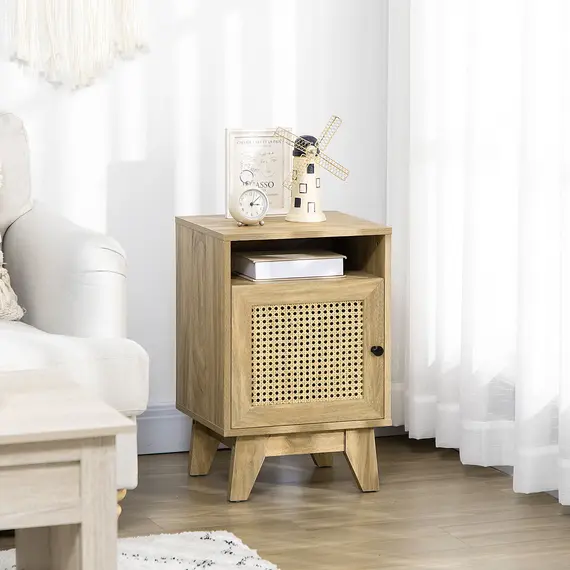 Buy Narrow Rattan Nightstand, Side End Table with Shelf and Cupboard, 39cm x 35cm x 60cm, Natural, 2 image