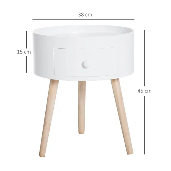 Buy Modern Side Table, Small Coffee Table, Round Bedside Table with Drawer and Wood Legs for Living Room, Bedroom, White, 3 image