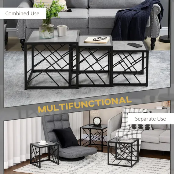 Buy Nesting Coffee Tables, Set of 3 Square Side Tables with Black Metal Frame, for Living Room, Bedroom and Office, Grey, 6 image