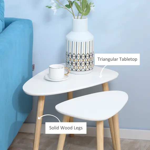 Buy Nesting Coffee Table, Set of 2 Side Tables, Stacking End Tables with Solid Wood Legs, for Living Room Bedroom, White, 5 image