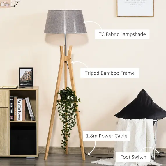 Buy Natural Wood Tripod Floor Lamp Light E27 Base Bedroom Living Room Fabric Shade Storage Shelf Foot Switch, 156cm, Grey, 5 image