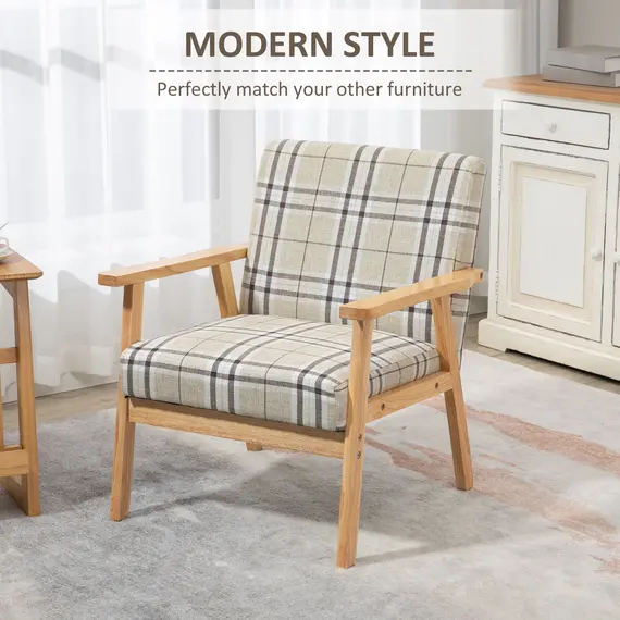 Buy Modern One Seater Sofa for Living Room, Linen Fabric Small Couch with Rubber Wood Frame, Armrests, Lattice Pattern, Upholstered Armchair, Beige, 4 image