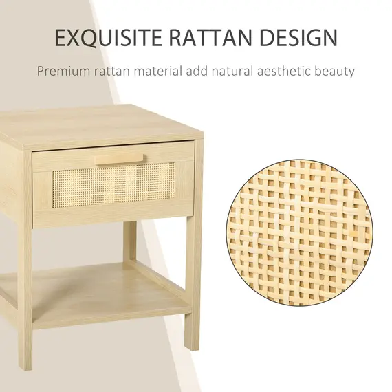Buy Nightstand with Rattan Drawer and Storage Shelf, Bedside End Table for Bedroom, Living Room, 4 image
