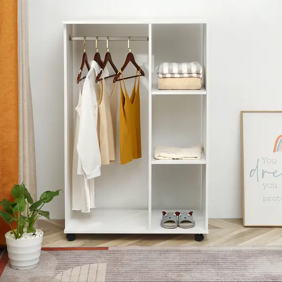 Buy Open Wardrobe on Wheels, Bedroom Wardrobe with Clothes Hanging Rail, 3 Storage Shelves, Mobile Garment Rack for Cloakroom, Hallway, White, 7 image