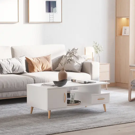 Buy Modern Minimalism Coffee Table with Storage, Sofa Side Table with Shelf & Drawer for Living Room Reception Room, White, 2 image