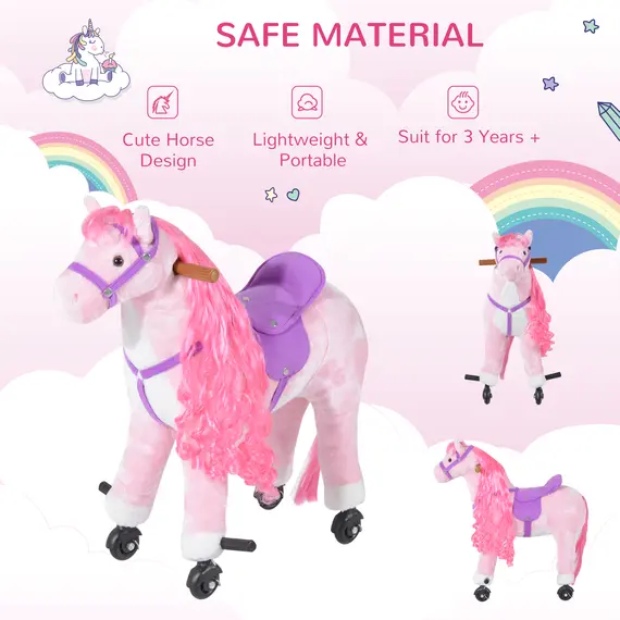 Buy Plush Walking Horse Ride On Toy with Wheels and Realistic Sounds Rocking Horse for Girls Boys 3+ Years Old, 50cm Tall, Pink, 7 image