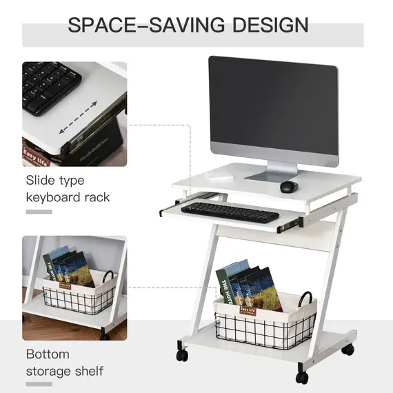 Buy Movable Computer Desk with 4 Moving Wheels Sliding Keyboard Tray Home Office Workstation White, 5 image