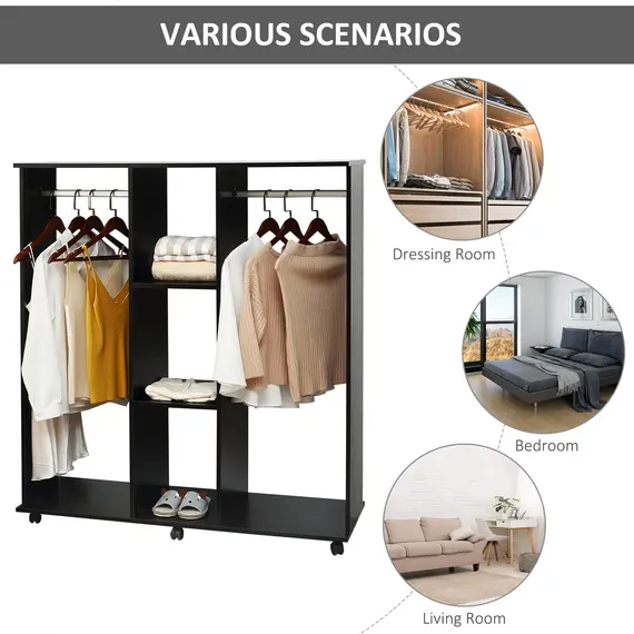 Buy Open Wardrobe Double Mobile Storage Shelves Organizer W/6 Wheels-Black, 5 image