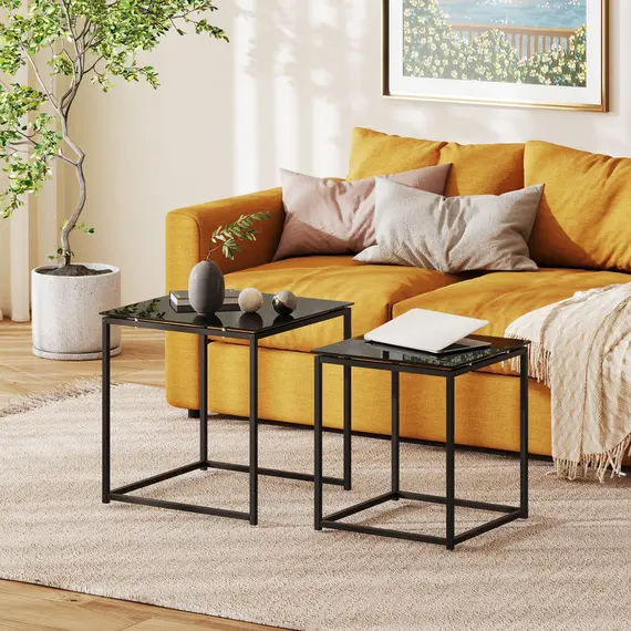 Buy Nest of Tables, Set of 2 Coffee Table, Side Tables with Tempered Glass Desktop and Metal Frame for Living Room, Bedroom, Office, Black, 2 image