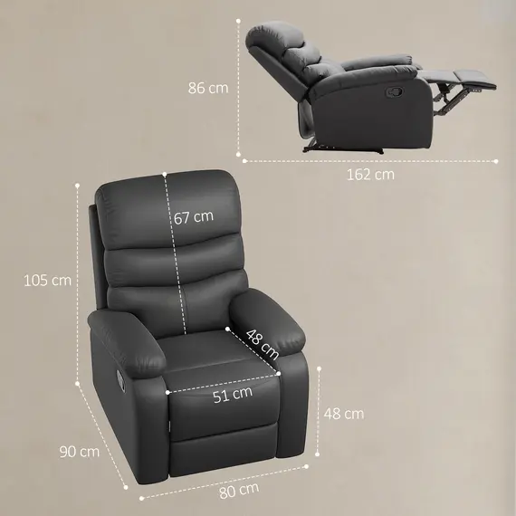 Buy PU Leather Reclining Chair, Manual Recliner Chair with Padded Armrests, Retractable Footrest and Wood Frame, Black, 3 image