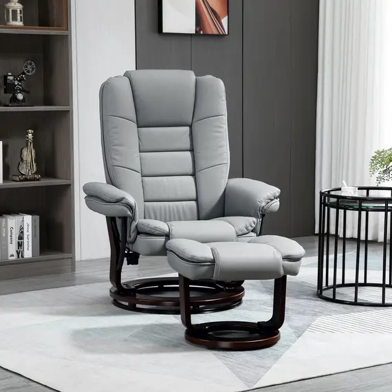 Buy Recliner Chair With footstool, Recliner Armchair up to 130kg Weight Capacity, 135° Reclining Swivel Sofa Chair, PU Leather Ergonomic Couch Bed with Swivel Wood Base for Living Room, Grey, Colour: Grey, 2 image
