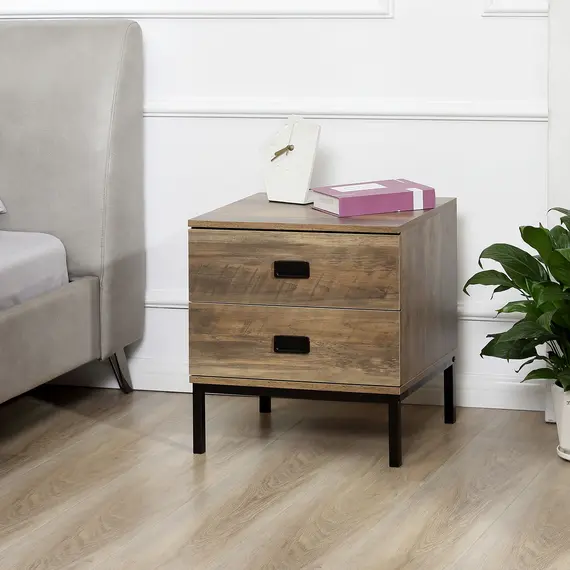 Buy Retro Bedside Table, End Side Table with 2 Drawers, Metal Frame for Bedroom, Living Room, Coffee, 2 image