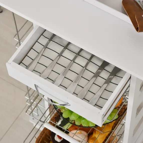 Buy Rolling Kitchen Cart, Utility Storage Cart with 4 Basket Drawers & Side Racks, Wheels for Dining Room, White, 8 image