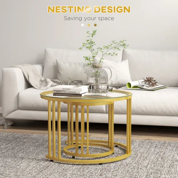 Buy Round Coffee Tables Set of 2, Nesting Tables with Tempered Glass Top and Steel Frame, 60cmx60cmx47cm, Gold Tone, 4 image