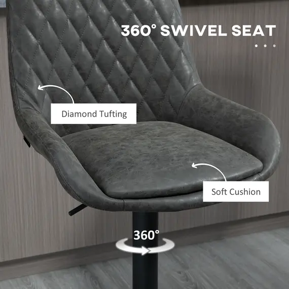 Buy Retro Bar Stools Set of 2, Adjustable Kitchen Stool, Upholstered Bar Chairs with Back, Swivel Seat, Dark Grey, 6 image