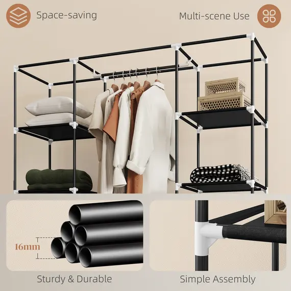 Buy Portable Wardrobe, Foldable Fabric Wardrobe, 150 x 43 x 162.5cm, Clothes Storage Organiser with Hanging Rail, Shelves, Fabric Cover for Bedroom, Black, 6 image