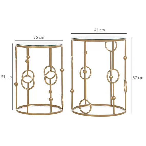 Buy Round Coffee Tables Set of 2, Gold Nesting Side End Tables with Tempered Glass Top, Steel Frame for Living Room, Gold, 3 image