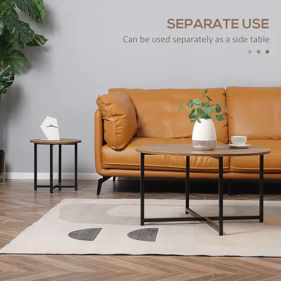 Buy Round Coffee Table, Set of 2 Side Table with Metal Frame, Industrial End Table for Living Room Bedroom, Rustic Brown, 6 image