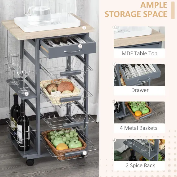 Buy Rolling Kitchen Cart, Utility Storage Cart with 4 Basket Drawers & Side Racks, Wheels for Dining Room, Grey, 4 image