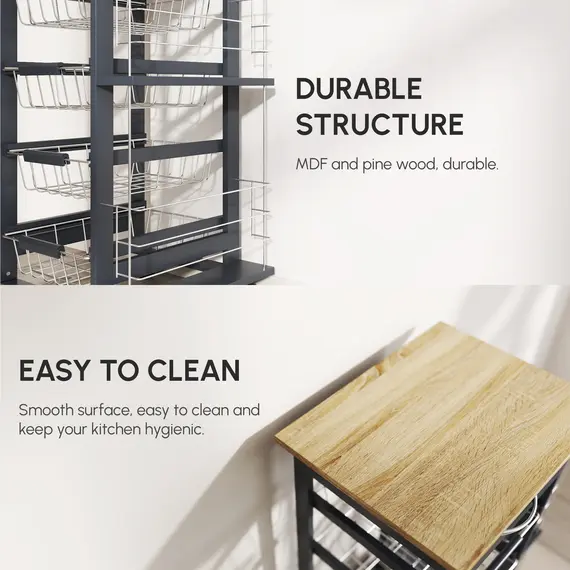 Buy Rolling Kitchen Cart, Utility Storage Cart with 4 Basket Drawers & Side Racks, Wheels for Dining Room, Grey, 7 image