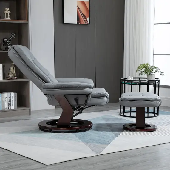 Buy Recliner Chair With footstool, Recliner Armchair up to 130kg Weight Capacity, 135° Reclining Swivel Sofa Chair, PU Leather Ergonomic Couch Bed with Swivel Wood Base for Living Room, Grey, Colour: Grey, 7 image