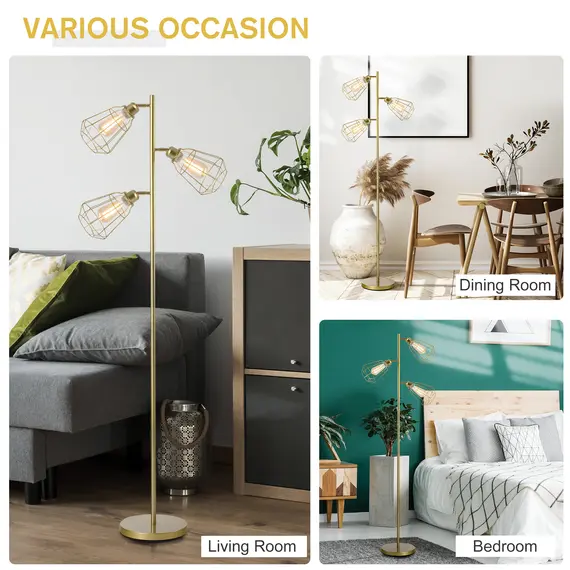Buy Retro Practical Tree Floor Lamp 3 Angle Adjustable Lampshade Steel Base for Living Room Bedroom Office Gold 165cm, 6 image
