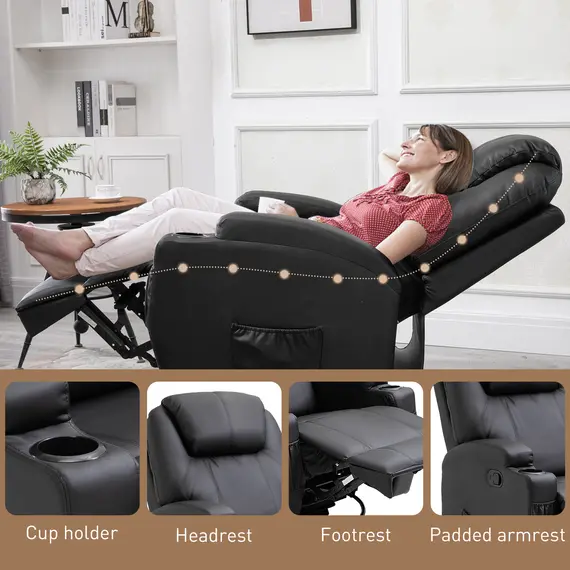 Buy Recliner Chair, Recliner Massage Rocker Chair with 360° Rotate, 165° Reclining Function, Adjustable Footrest with Drink Holders, Side Pockets, Black, 8 image