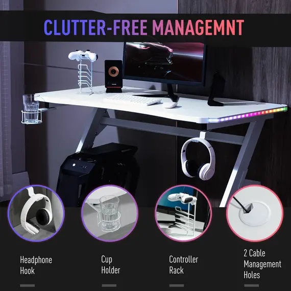 Buy RGB 120 x 66cm Gaming Desk, Computer Table with Carbon Fibre Surface, Headphone Hook, Cup Holder, Controller Rack, Home Office Desk, White, 6 image