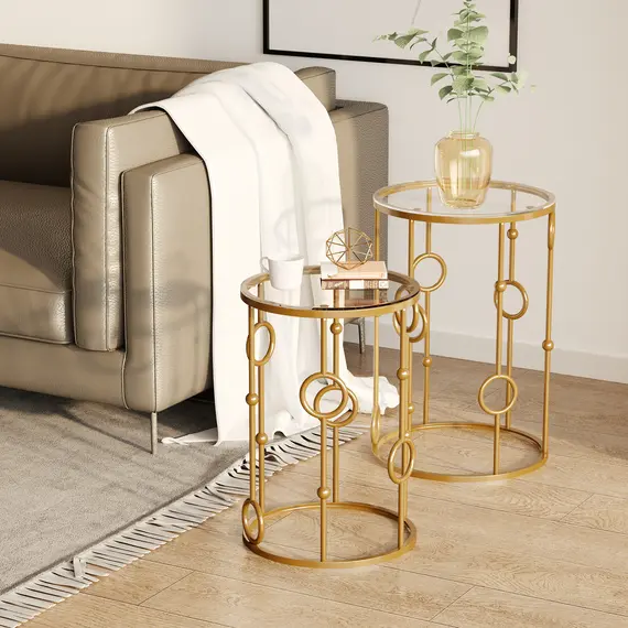 Buy Round Coffee Tables Set of 2, Gold Nesting Side End Tables with Tempered Glass Top, Steel Frame for Living Room, Gold, 4 image