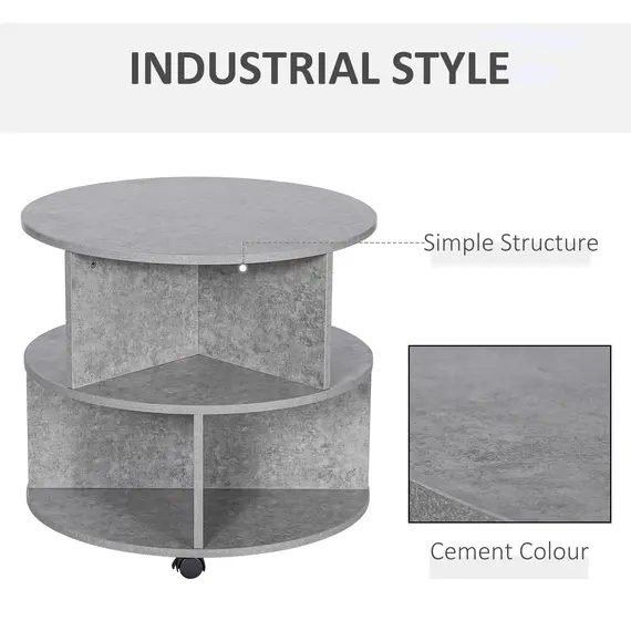 Buy Round Coffee Table with Wheels, 3-Tier Rolling Side Table for Living Room with Divided Shelves, Cement Colour, 5 image
