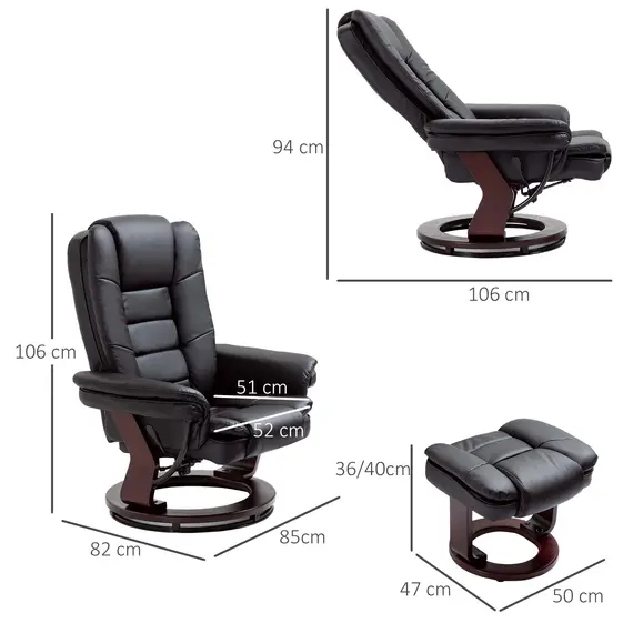 Buy Recliner Chair With footstool, Recliner Armchair up to 130kg Weight Capacity, 135° Reclining Swivel Sofa Chair, PU Leather Ergonomic Couch Bed with Swivel Wood Base for Living Room, Black, Colour: Black, 3 image