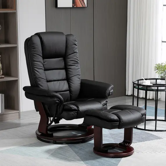 Buy Recliner Chair With footstool, Recliner Armchair up to 130kg Weight Capacity, 135° Reclining Swivel Sofa Chair, PU Leather Ergonomic Couch Bed with Swivel Wood Base for Living Room, Black, Colour: Black, 2 image