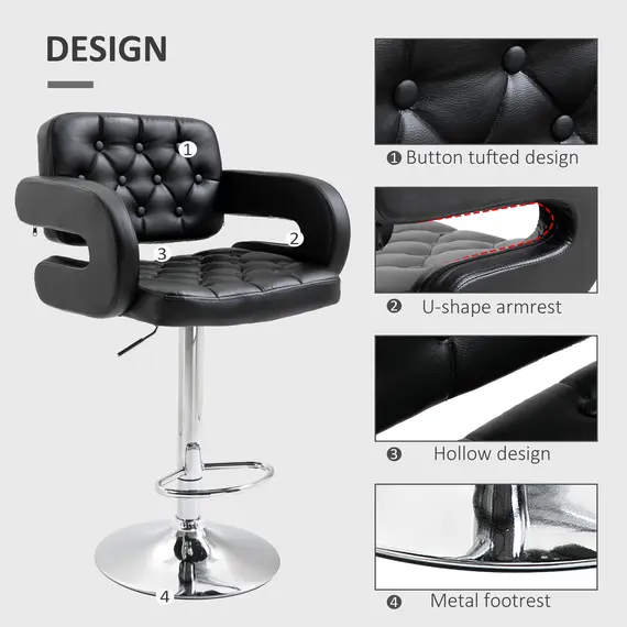 Buy PU Leather Upholstered Swivel Bar Stool, Height Adjustable with Back, Armrest, Footrest, Black, 7 image