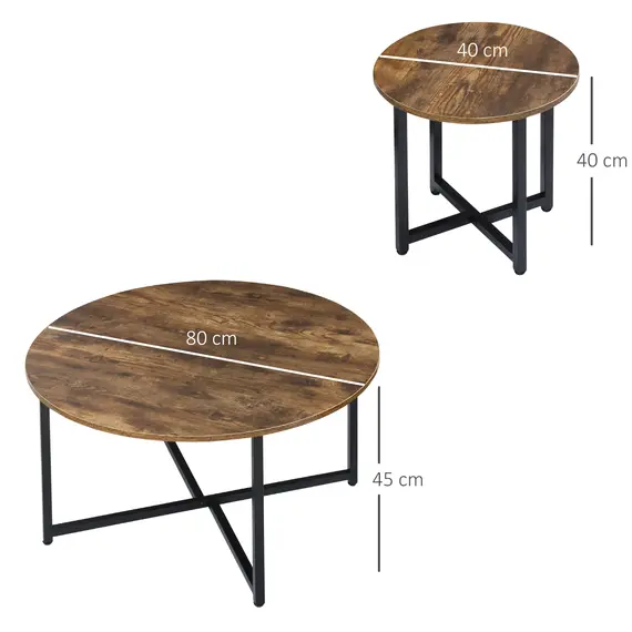 Buy Round Coffee Table, Set of 2 Side Table with Metal Frame, Industrial End Table for Living Room Bedroom, Rustic Brown, 3 image