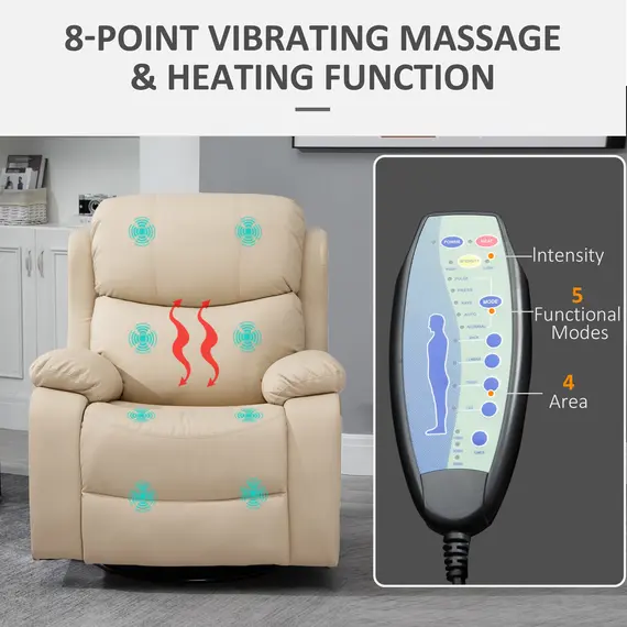 Buy PU Leather Reclining Chair with 8 Massage Points and Heat, Manual Recliner with Swivel Base, Footrest and Remote, Beige, 7 image