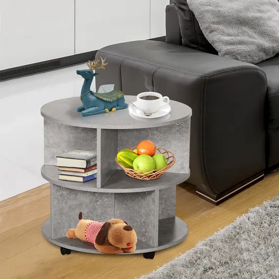 Buy Round Coffee Table with Wheels, 3-Tier Rolling Side Table for Living Room with Divided Shelves, Cement Colour, 8 image